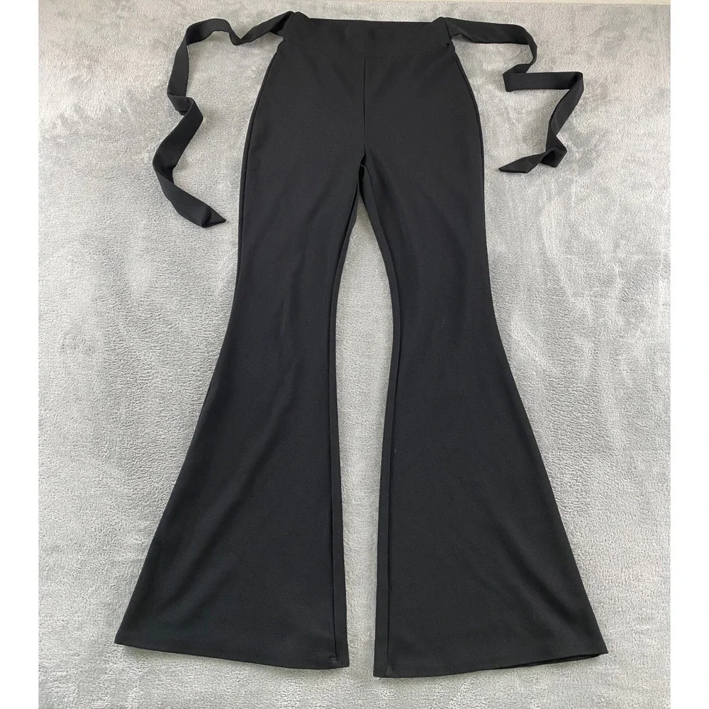 Windsor Womens Black High Waisted Flare Bell Bottom Pants with Side Ties Size S